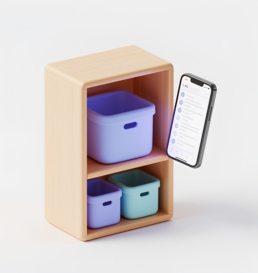 Illustration of neatly stored boxes beside an iPhone